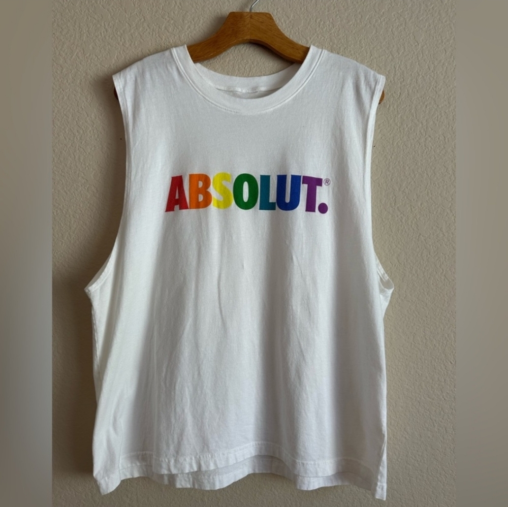 Absolut Vodka Pride Rainbow Letters White Muscle T Shirt Cotton USA Large Unisex